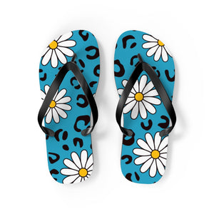 Leopard Daisy Teal Flip Flops