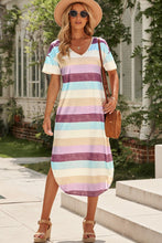 Load image into Gallery viewer, Striped V-Neck Curved Hem Midi Dress
