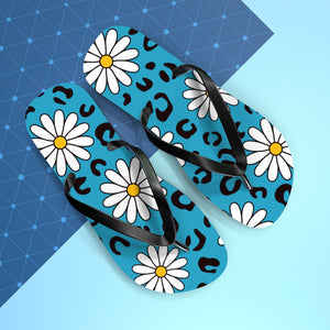 Leopard Daisy Teal Flip Flops