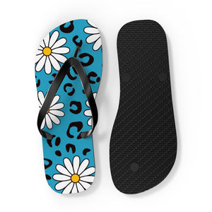 Leopard Daisy Teal Flip Flops