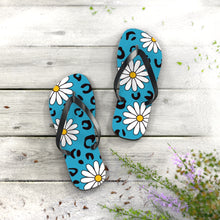 Load image into Gallery viewer, Leopard Daisy Teal Flip Flops
