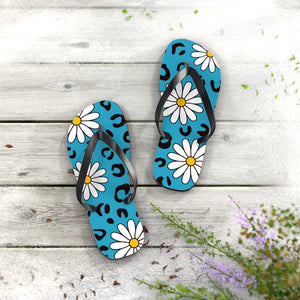 Leopard Daisy Teal Flip Flops