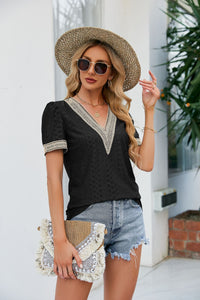 Contrast V-Neck Puff Sleeve Top