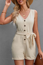 Load image into Gallery viewer, Button Front Belted Sleeveless Romper
