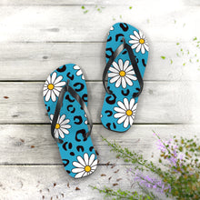 Load image into Gallery viewer, Leopard Daisy Teal Flip Flops
