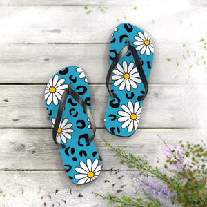 Leopard Daisy Teal Flip Flops