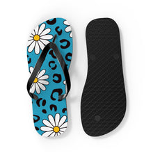 Load image into Gallery viewer, Leopard Daisy Teal Flip Flops
