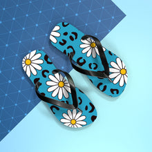 Load image into Gallery viewer, Leopard Daisy Teal Flip Flops
