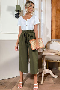 Round Neck Short Sleeve Top and Belted Pants Set