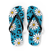 Load image into Gallery viewer, Leopard Daisy Teal Flip Flops
