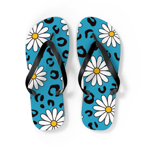 Leopard Daisy Teal Flip Flops