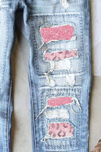 Leopard Patch Distressed Straight Leg Jeans