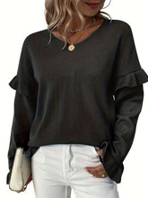 Load image into Gallery viewer, V-Neck Ruffle Trim Long Sleeve Sweater
