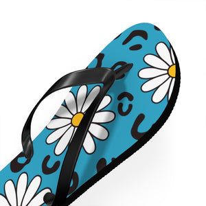 Leopard Daisy Teal Flip Flops