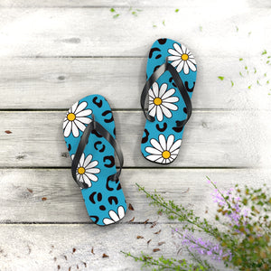 Leopard Daisy Teal Flip Flops