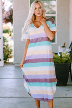 Load image into Gallery viewer, Striped V-Neck Curved Hem Midi Dress
