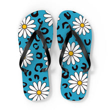 Load image into Gallery viewer, Leopard Daisy Teal Flip Flops
