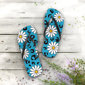 Leopard Daisy Teal Flip Flops