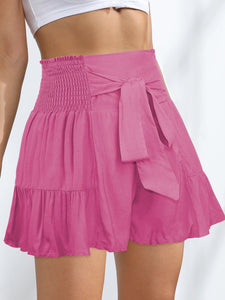 Smocked Tie-Front High-Rise Shorts