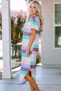 Striped V-Neck Curved Hem Midi Dress