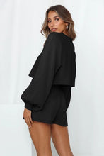Load image into Gallery viewer, Round Neck Long Sleeve Top and Drawstring Shorts Lounge Set
