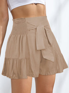 Smocked Tie-Front High-Rise Shorts