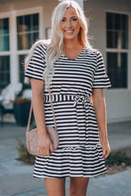 Load image into Gallery viewer, Striped Tie-Waist Frill Trim V-Neck Dress
