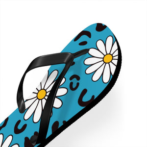 Leopard Daisy Teal Flip Flops