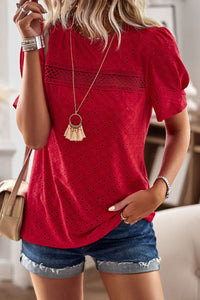 Spliced Lace Short Puff Sleeve Top