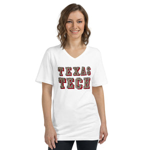 Leopard Texas Tech Doodle Font Bella Canvas Unisex Short Sleeve V-Neck T-Shirt