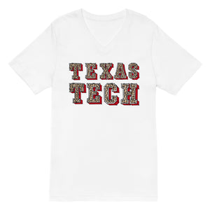 Leopard Texas Tech Doodle Font Bella Canvas Unisex Short Sleeve V-Neck T-Shirt
